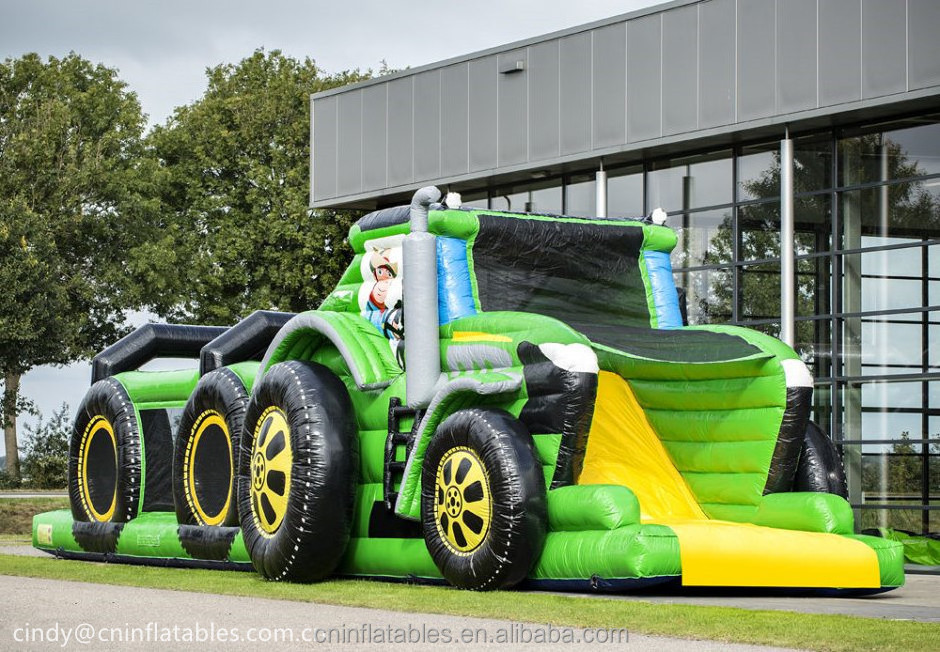 Giant Green Tractor inflatable bouncy castle obstacle course with slide inflatable combo bouncers