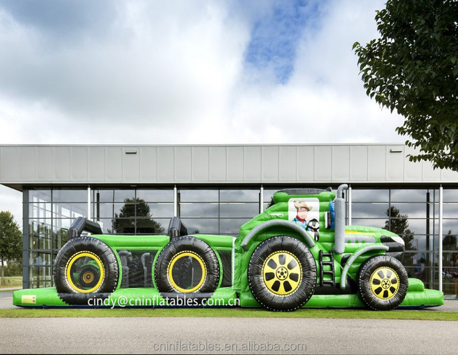 Giant Green Tractor inflatable bouncy castle obstacle course with slide inflatable combo bouncers