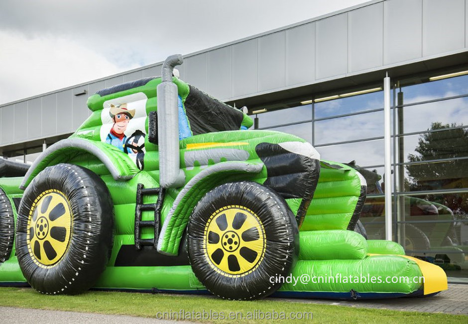 Giant Green Tractor inflatable bouncy castle obstacle course with slide inflatable combo bouncers