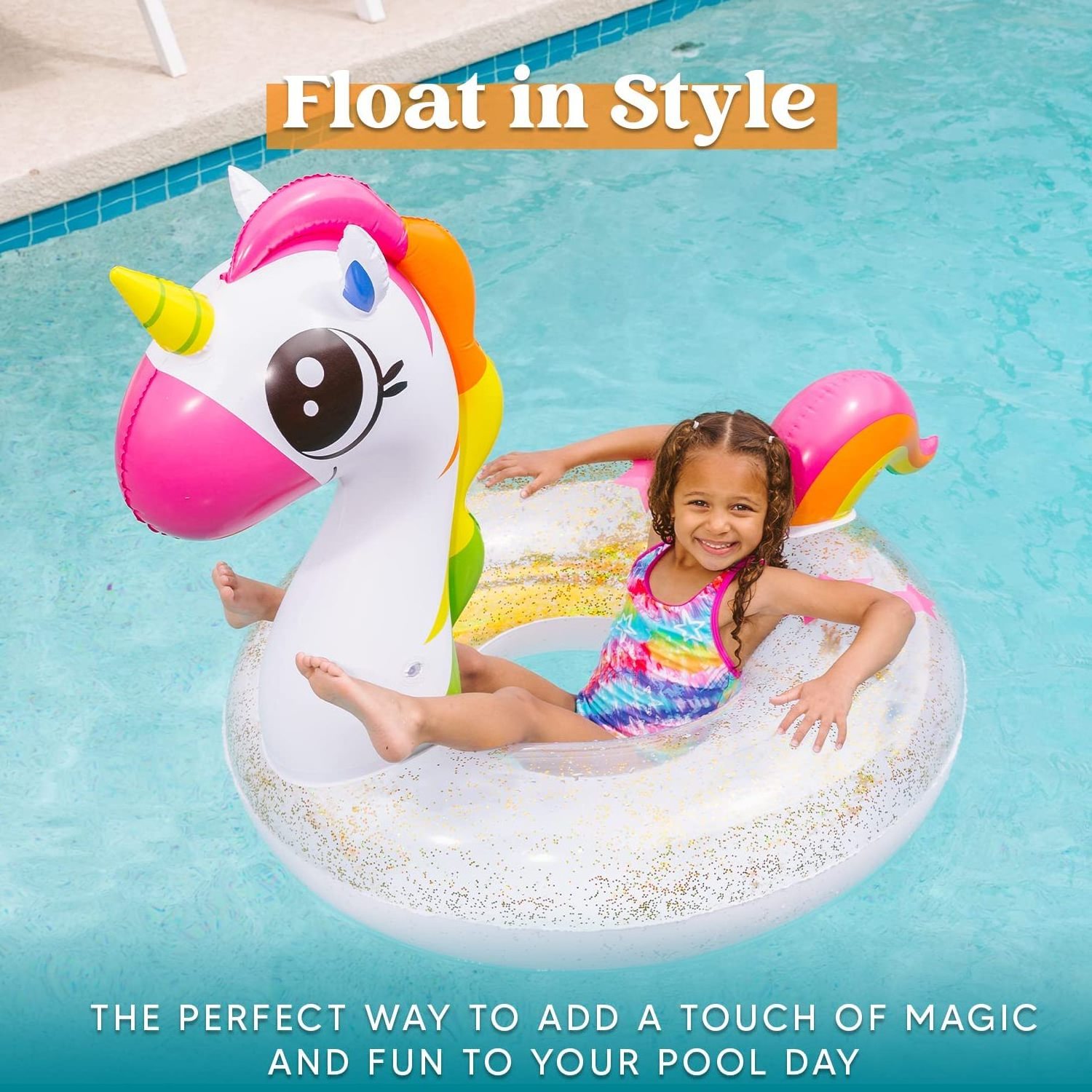 Inflatable Unicorn&Flamingo Pool Float with Glitters(2 Sets)Fun Beach Float Pool Toys Summer Outdoor Party Supplies for Kids