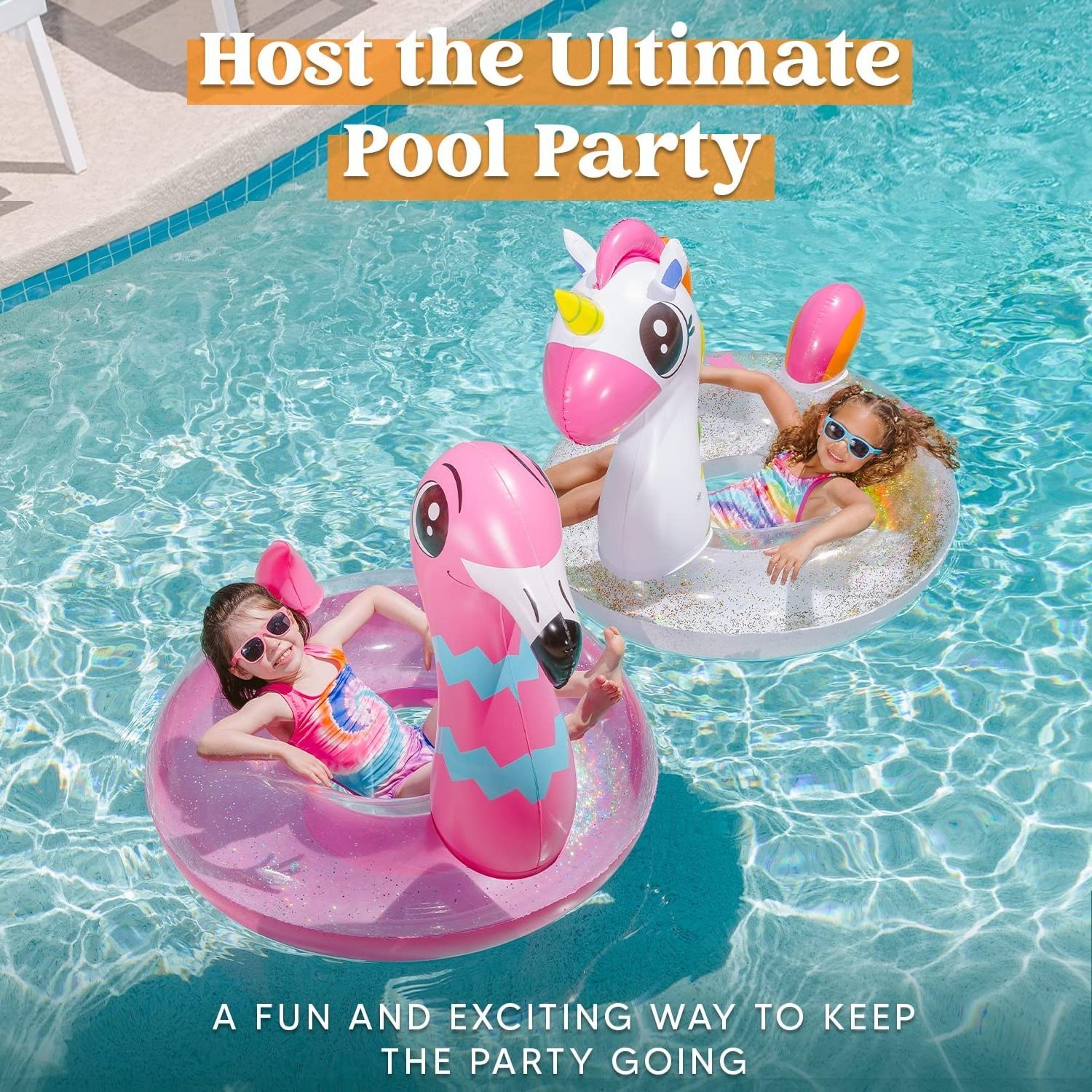 Inflatable Unicorn&Flamingo Pool Float with Glitters(2 Sets)Fun Beach Float Pool Toys Summer Outdoor Party Supplies for Kids