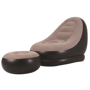 factory eco-friendly PVC inflatable foldable single sofa chair, flocking fabric portable furniture with a foot rest stool