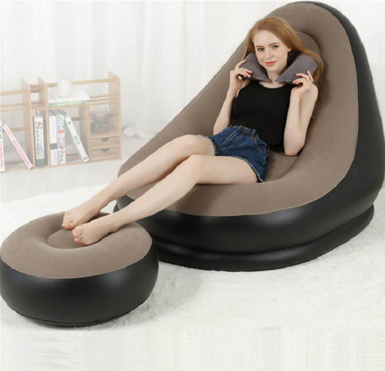 factory eco-friendly PVC inflatable foldable single sofa chair, flocking fabric portable furniture with a foot rest stool