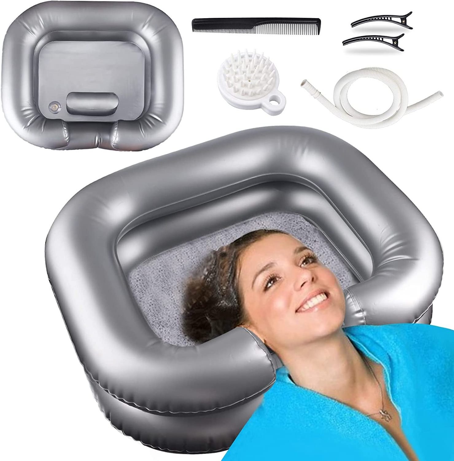 Inflatable Hair Washing Basin For Bedridden - Wash Hair In Bed With Inflatable Shampoo Basin.  Portable Shampoo Bowl With Pillow