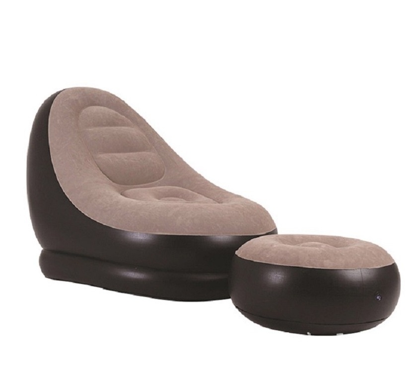 factory eco-friendly PVC inflatable foldable single sofa chair, flocking fabric portable furniture with a foot rest stool