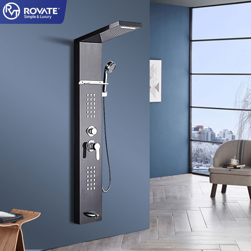 ROVATE Shower Panel Stainless Steel Wall Mounted LED Waterfall System Black Shower Set Bathroom Massage Shower Panel Tower