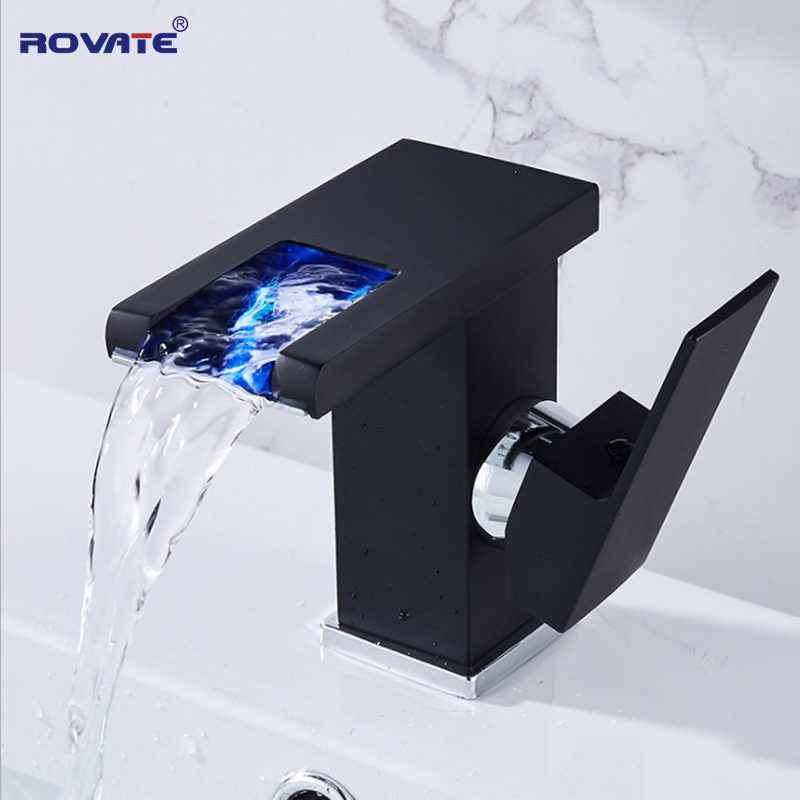 ROVATE Bathroom LED Basin Faucet Temperature Colors Change Deck Mounted Water Taps Waterfall Spout Hot And Cold Mixer