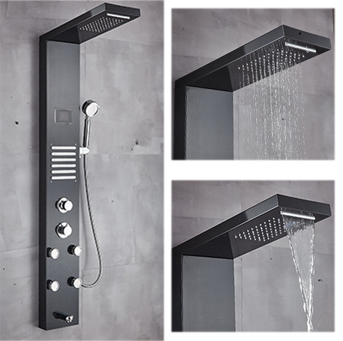 ROVATE Matt Black Thermostat LED Rain Shower Panel Column towers Bathroom 304 Stainless Steel Waterfall Shower Wall Panel