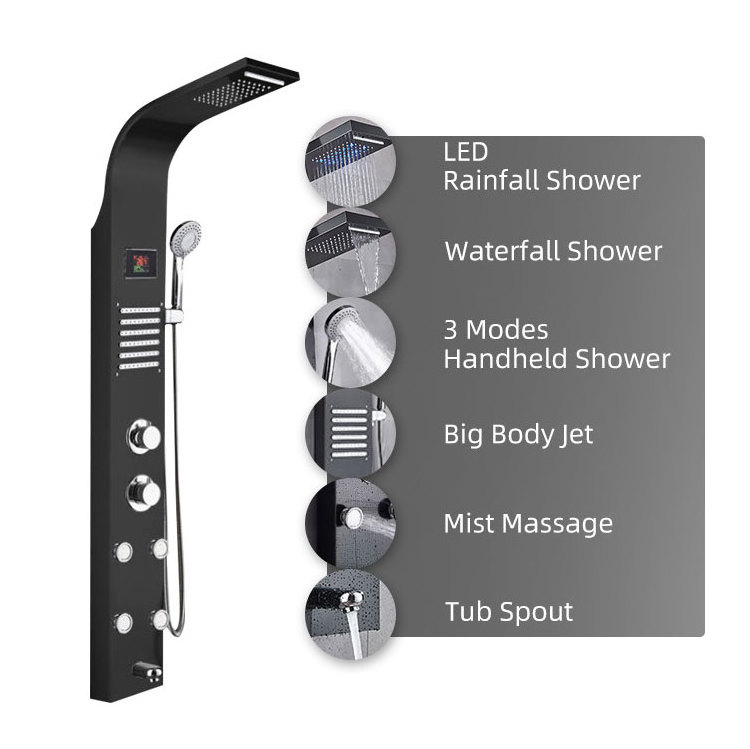 ROVATE Matt Black Thermostat LED Rain Shower Panel Column towers Bathroom 304 Stainless Steel Waterfall Shower Wall Panel