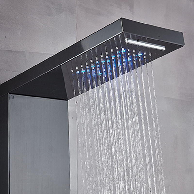 ROVATE Matt Black Thermostat LED Rain Shower Panel Column towers Bathroom 304 Stainless Steel Waterfall Shower Wall Panel