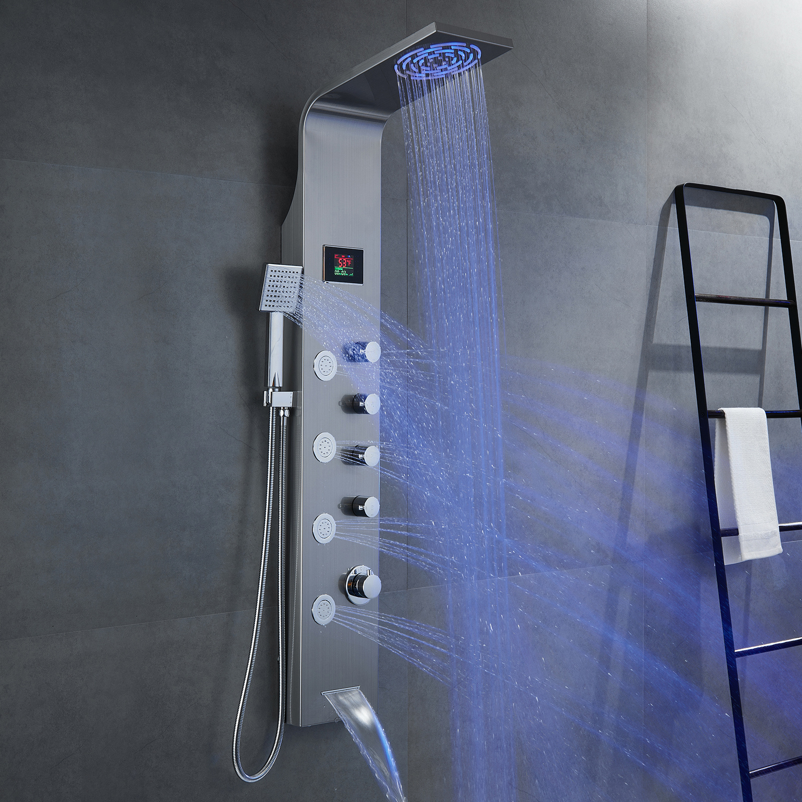 ROVATE Black LED Shower Panel 304 Stainless Steel Rainfall Waterfall System Wall Mounted Shower Column Tower Set