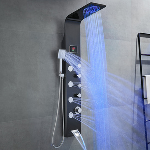 ROVATE Black LED Shower Panel 304 Stainless Steel Rainfall Waterfall System Wall Mounted Shower Column Tower Set