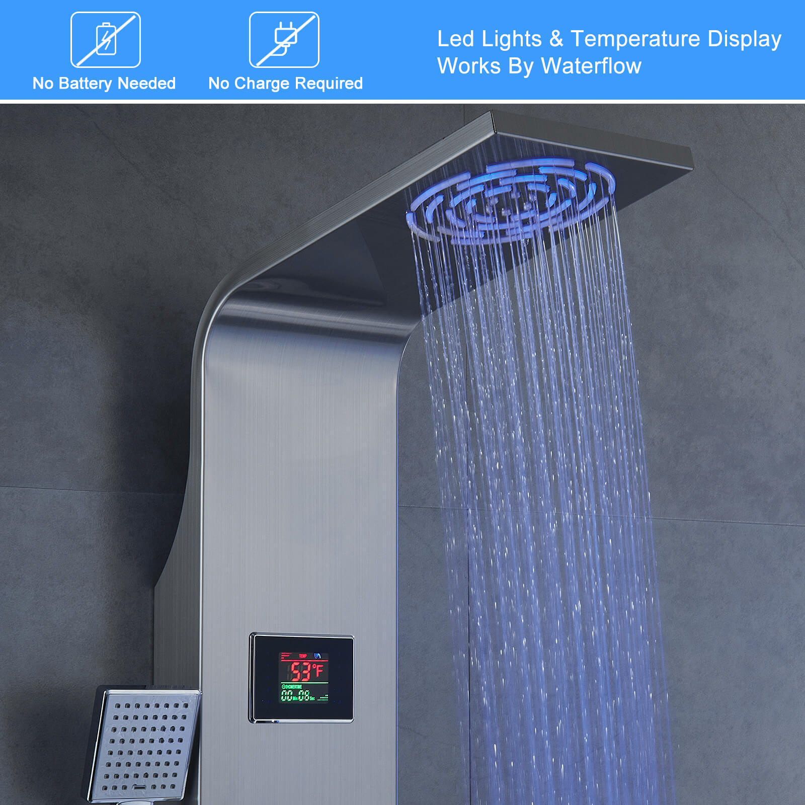 ROVATE Black LED Shower Panel 304 Stainless Steel Rainfall Waterfall System Wall Mounted Shower Column Tower Set