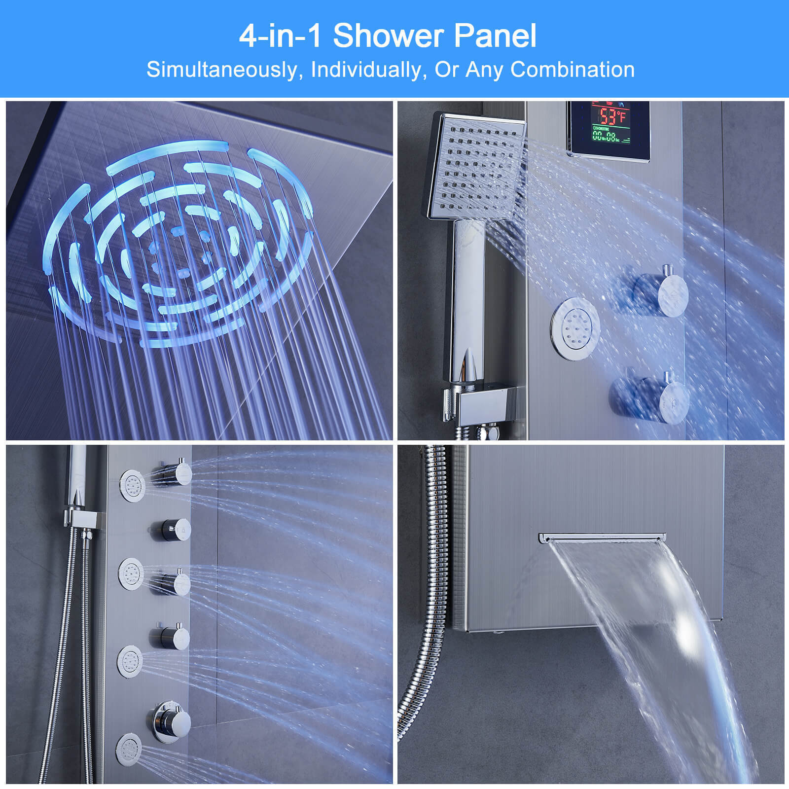 ROVATE Black LED Shower Panel 304 Stainless Steel Rainfall Waterfall System Wall Mounted Shower Column Tower Set