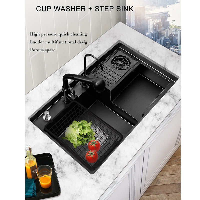 ROVATE High Pressure Cup Washer Bar Kitchen Sink Nano Stepped Sink Stainless Steel Basin Handmade