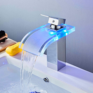 ROVATE Basin Faucet brass luxury single hole bathroom basin LED faucet light wash basin faucet waterfall taps