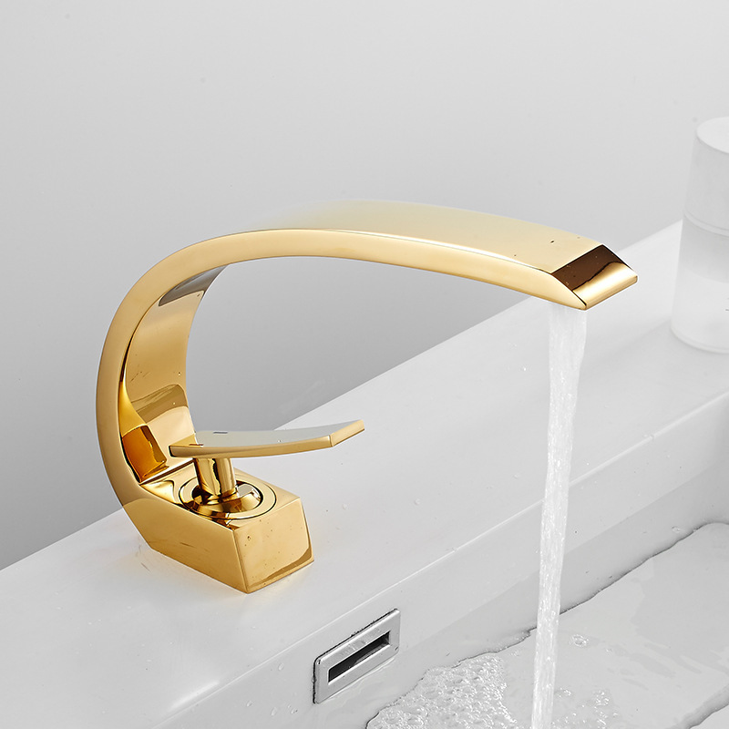 ROVATE  antique Golden plated copper faucet C shape design hot and cold faucet for bathroom moon bay single Handel taps