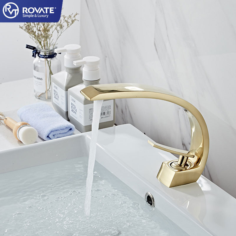 ROVATE  antique Golden plated copper faucet C shape design hot and cold faucet for bathroom moon bay single Handel taps