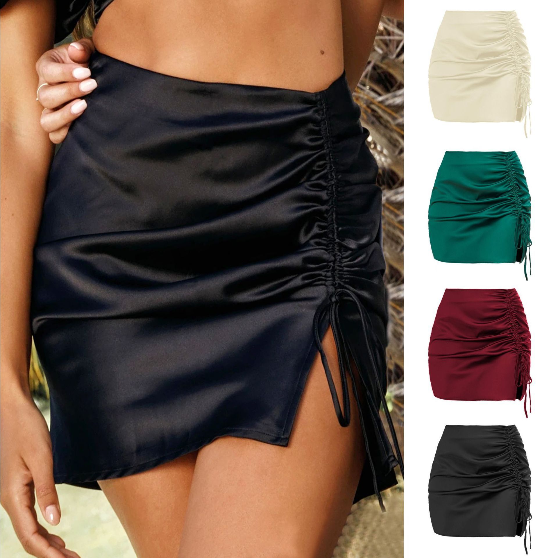 YingTang high-waist chiffon satin skirts pleated skirts asymmetrical women elegant Sexy Waist Zipper Bodycon Stain Mini Skirt