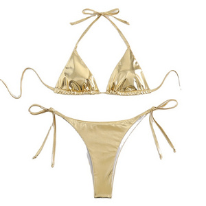 2023 New Women's OEM/ODM Swimsuit Two Piece Triangle Sexy Solid Color Liquid Metallic Bikini Swimwear