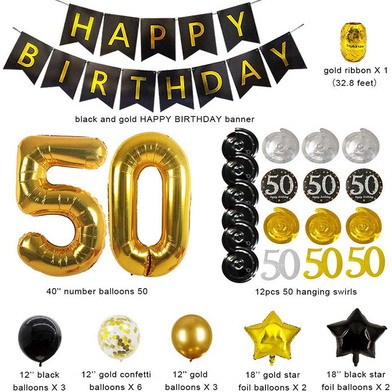 50th Birthday Decorations Black Gold for Men Women, Happy 50th Birthday Jumbo Number 50 Birthday Balloons Confetti Balloons