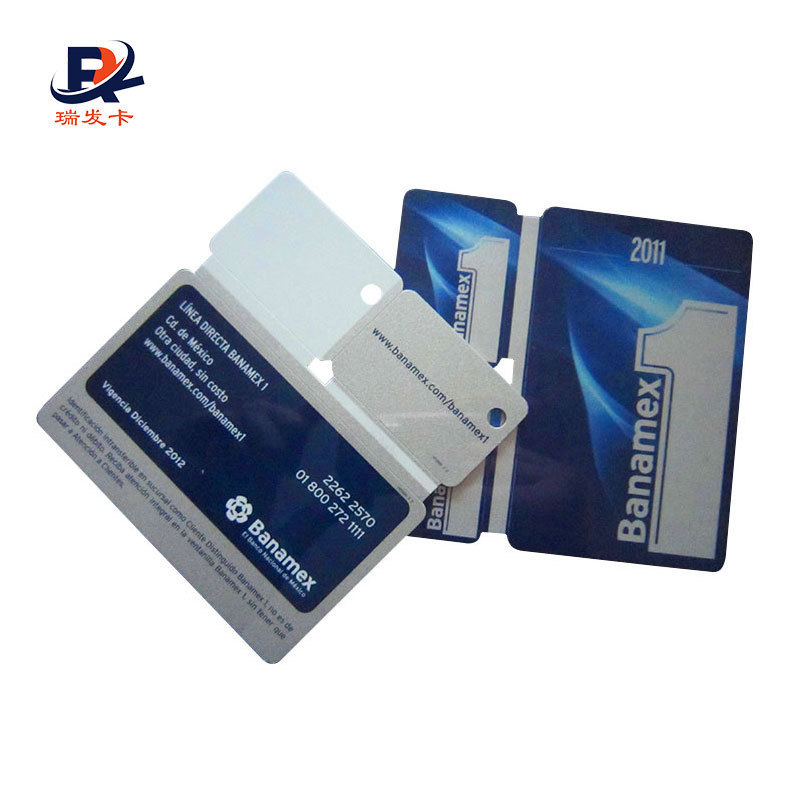 Customized combo plastic pvc card with three small plastic key fob on one pvc card