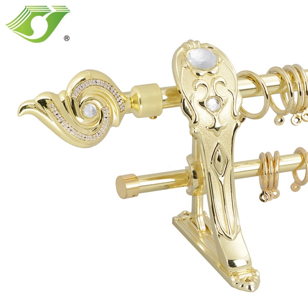 European Style Fancy golden Curtain Rod double pole curtain rod Designs Double Brackets Accessories Set Cover Wooden Curtain Rod