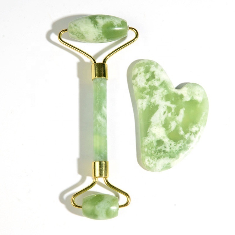 Hot Selling 100% Natural Green Jade Massager Roller Real Genuine Xiuyan Jade Roller and Guasha Set for Face with Box