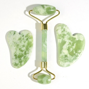 Hot Selling 100% Natural Green Jade Massager Roller Real Genuine Xiuyan Jade Roller and Guasha Set for Face with Box