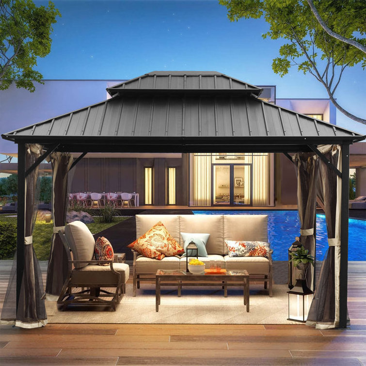 10*12ft outdoor double steel roof hard top canopy curtains aluminum gazebo with netting for garden