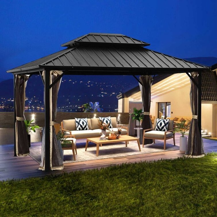 10*12ft outdoor double steel roof hard top canopy curtains aluminum gazebo with netting for garden