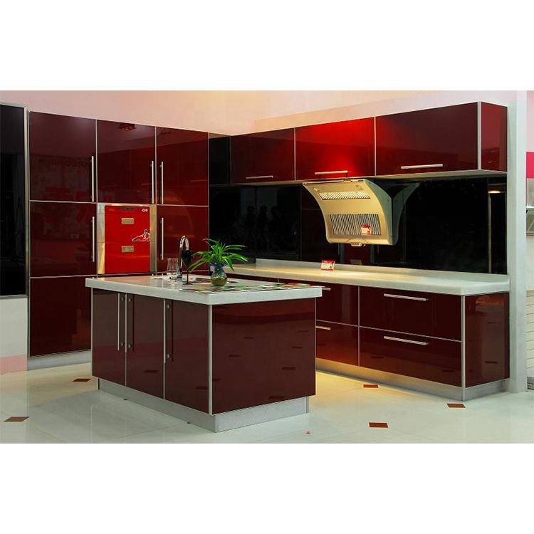 Custom Color Modern red lacquer high gloss black modern stainless steel aluminium cabinet kitchen