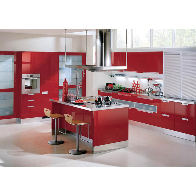 Custom Color Modern red lacquer high gloss black modern stainless steel aluminium cabinet kitchen