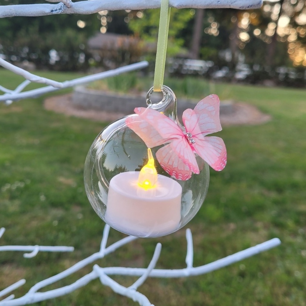 Outdoor tree hanging round LED tealight glass candle holder