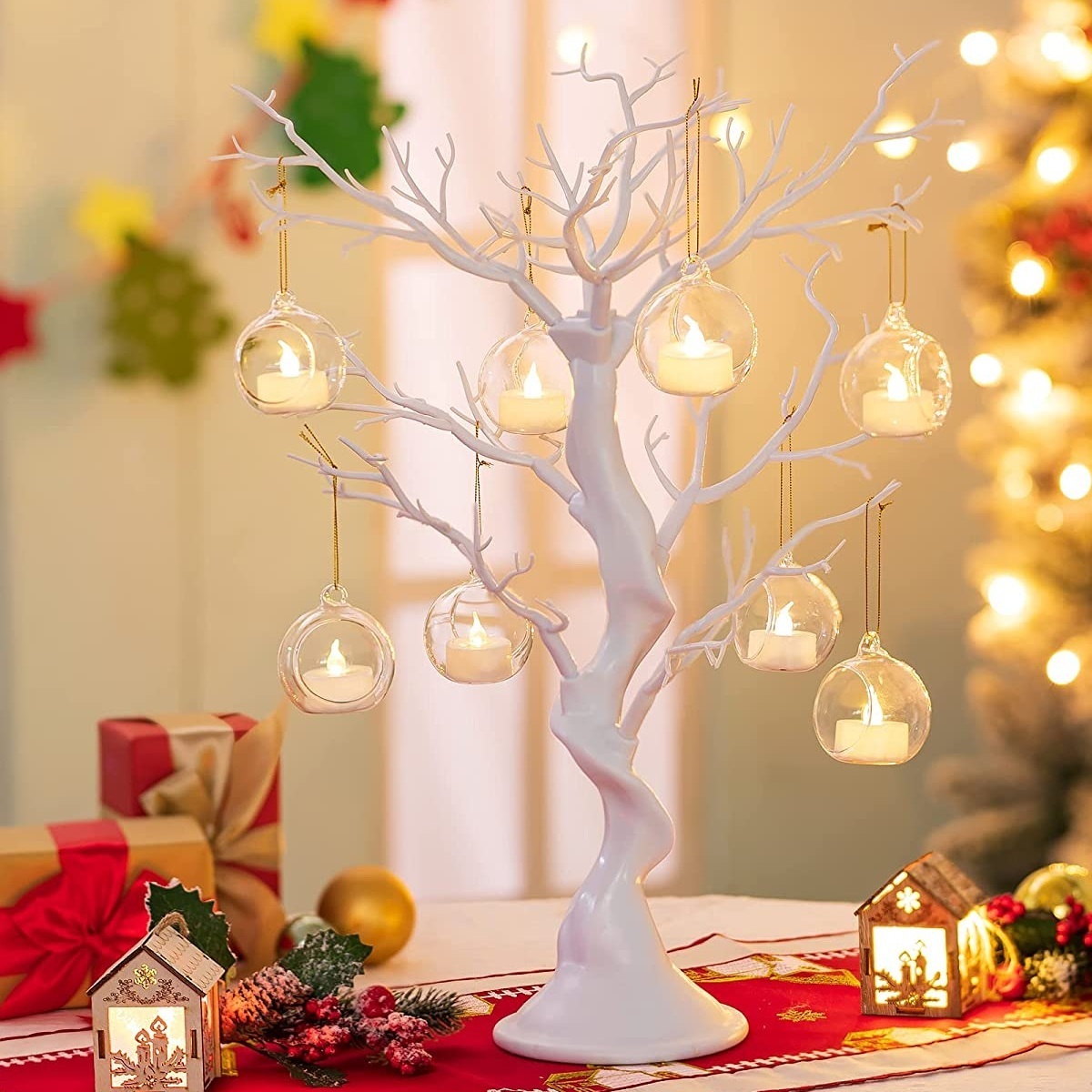 Outdoor tree hanging round LED tealight glass candle holder