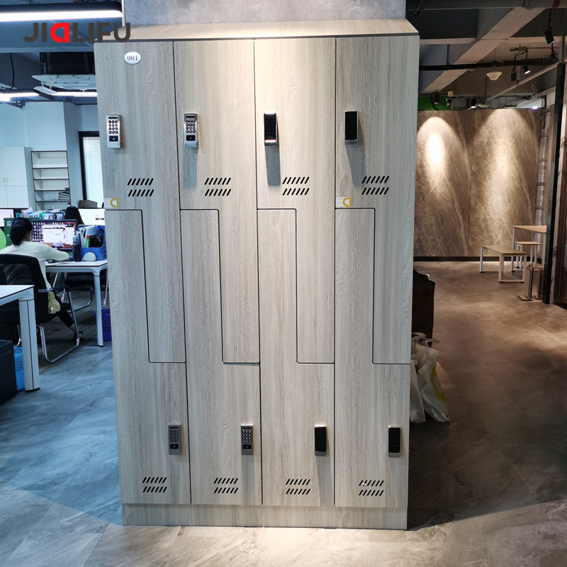 L shape wood storage lockers with bench for spa