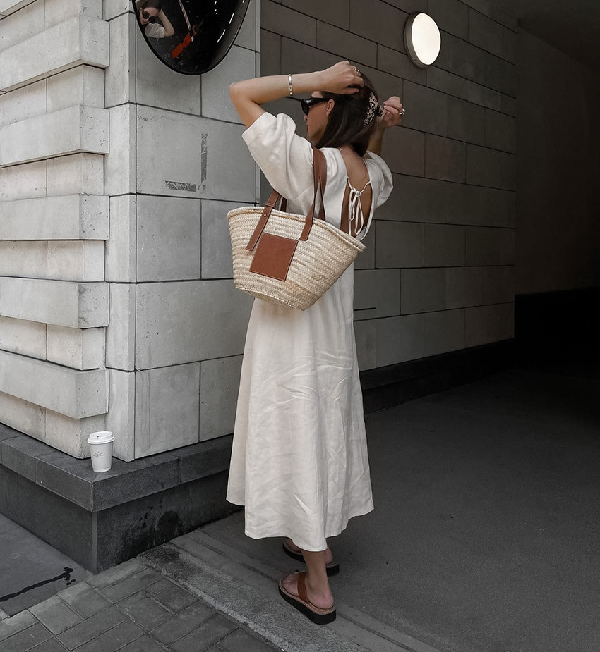 2024 spring summer cotton linen women dress short sleeve maxi beige women linen dresses