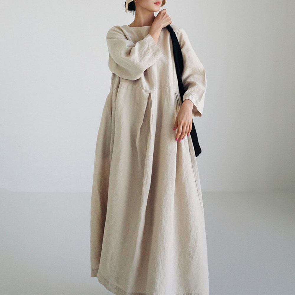 Custom women maxi linen dress natural cotton linen solid color long sleeve women linen dresses