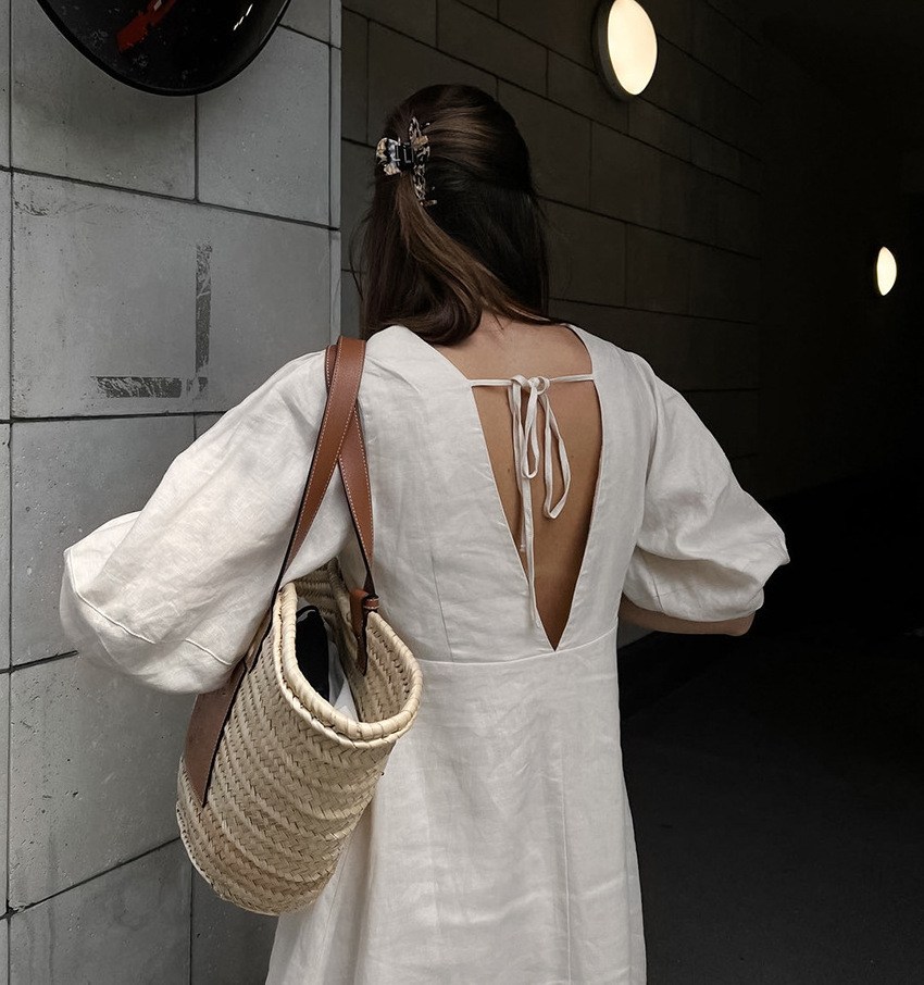 2024 spring summer cotton linen women dress short sleeve maxi beige women linen dresses