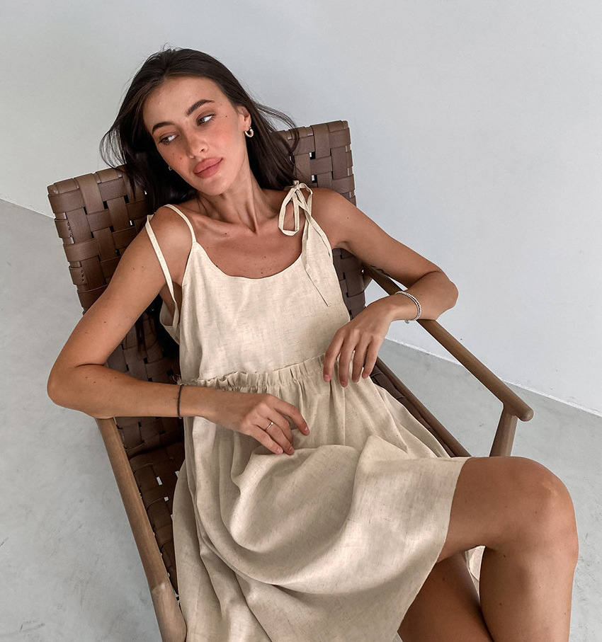 2024 spring summer linen blend khaki sexy women slip dress wholesale Low MOQ cotton linen slip dress