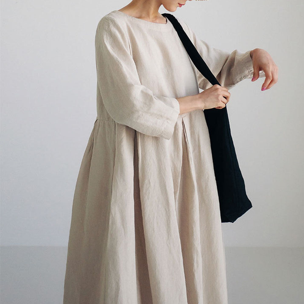 Custom women maxi linen dress natural cotton linen solid color long sleeve women linen dresses