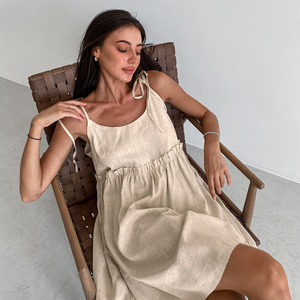 2024 spring summer linen blend khaki sexy women slip dress wholesale Low MOQ cotton linen slip dress