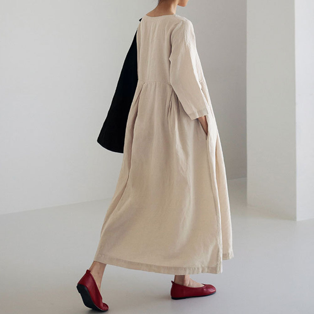 Custom women maxi linen dress natural cotton linen solid color long sleeve women linen dresses