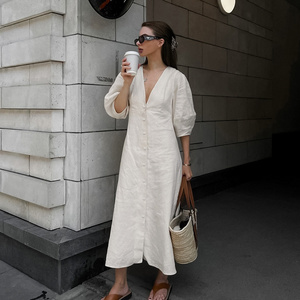 2024 spring summer cotton linen women dress short sleeve maxi beige women linen dresses