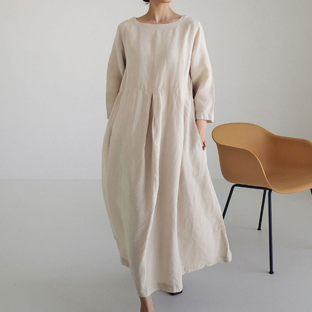 Custom women maxi linen dress natural cotton linen solid color long sleeve women linen dresses