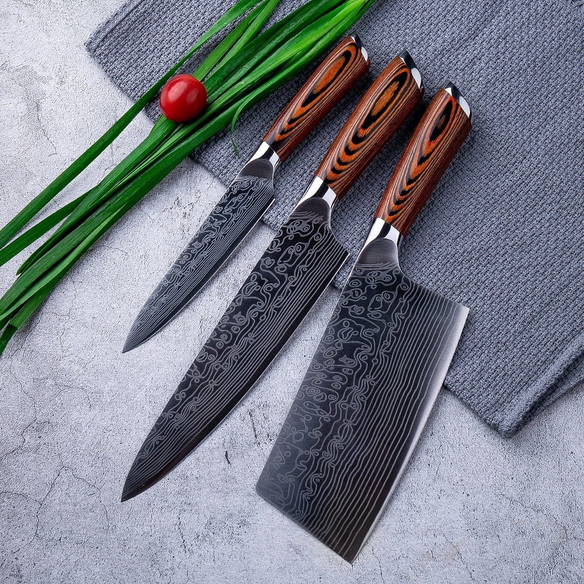 3pcs Professional Damascus pattern Kitchen Knife Set  with Gift Box Packaging