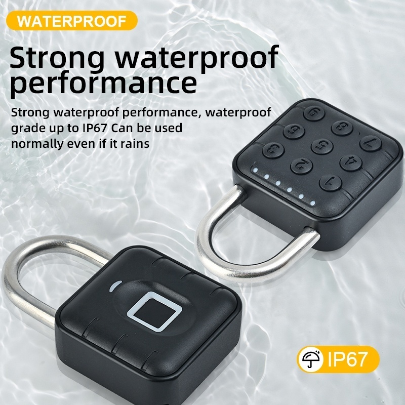 Zinc alloy IP67 waterproof fingerprint padlock black button cell battery rechargeable fingerprint padlock for door luggage