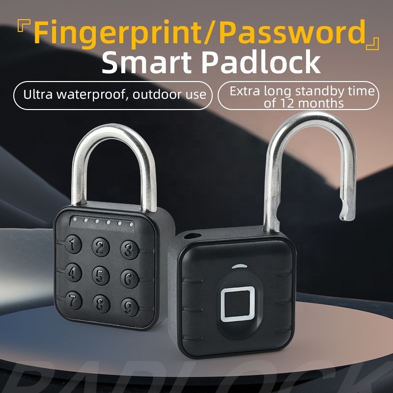 Zinc alloy IP67 waterproof fingerprint padlock black button cell battery rechargeable fingerprint padlock for door luggage