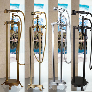 JIENI Antique Brass Floor Standing Telephone Style Clawfoot Bath Shower Faucet Set Shower Bathtub Faucet