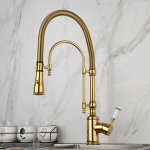 Golden Plated Kitchen Faucet Swivel Vessel Sink Faucet W/ Pull Down 2 Ways Spring Spray Nickel Brushed Washbasin Mixer Tap